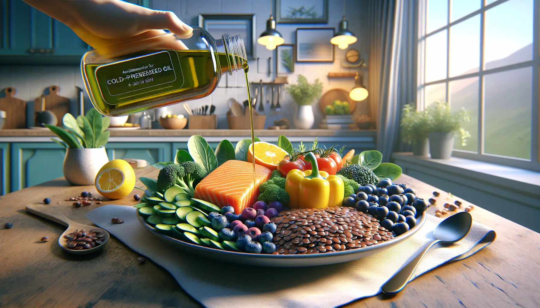 Illustration 3D d'une assiette équilibrée d'aliments pour un régime anti-inflammatoire, incluant des légumes colorés, des fruits, des légumineuses et du poisson gras, le tout dans un environnement de cuisine chaleureuse.