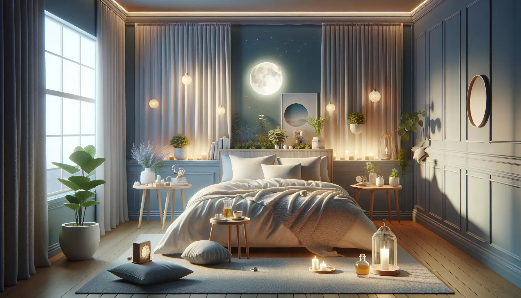 Rendu 3D hyper-réaliste d'une chambre apaisante favorisant le sommeil, avec un lit confortable, du linge de lit luxueux, une tasse de thé herbal et un diffuseur d'huiles essentielles, mettant en avant les pratiques de bien-être et d'anti-âge.