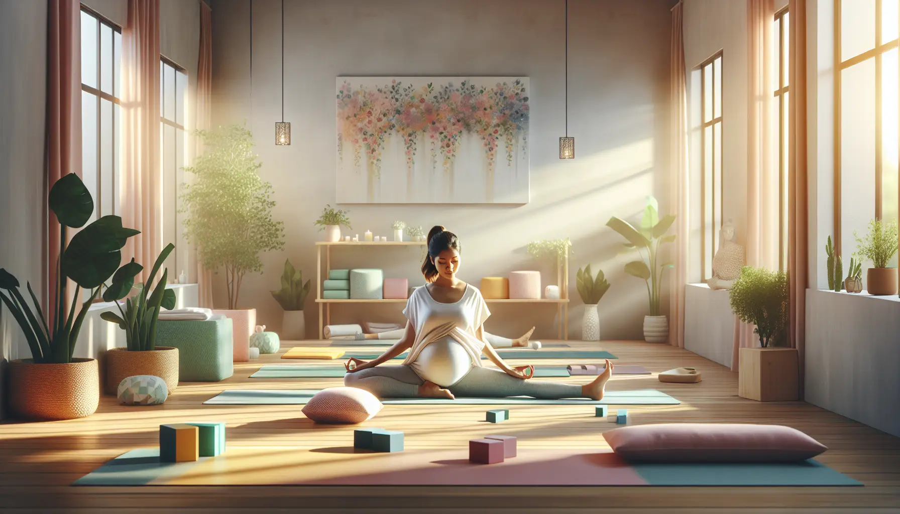 Femme enceinte pratiquant le yoga prénatal dans un studio apaisant, exécutant la pose papillon avec des accessoires comme des tapis de yoga et des coussins, entourée d'une ambiance calme et lumineuse.