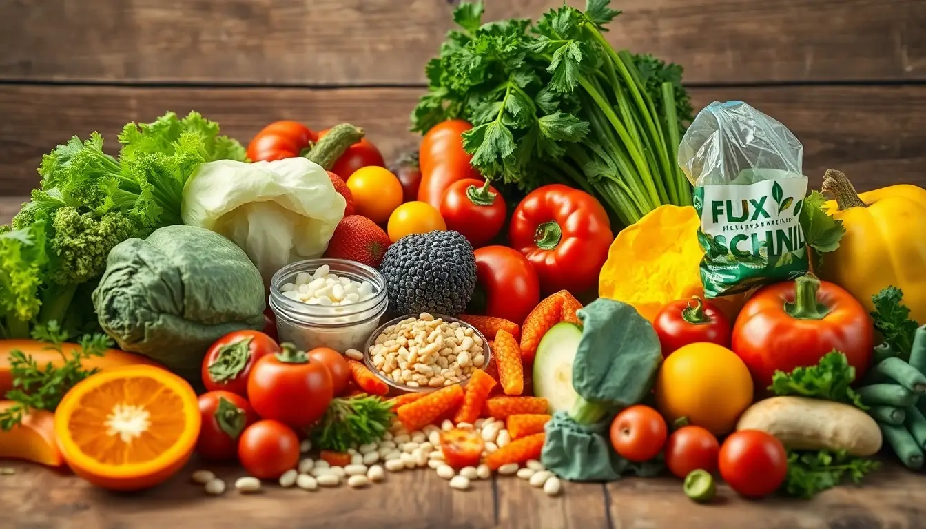 Table en bois avec des fruits frais, légumes et probiotiques, illustrant l'importance d'une alimentation équilibrée pour la santé intestinale.