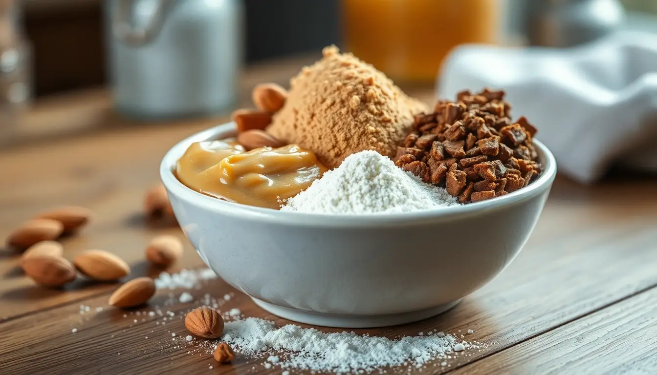 Bol rempli d'alternatives naturelles au sucre comme le beurre d'amande, la poudre de lucuma et de moine.