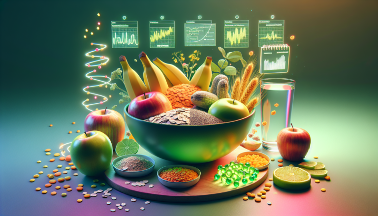 Illustration hyper-réaliste d'un bol vibrant rempli d'aliments sains riches en fibres solubles, comprenant des flocons d'avoine, des bananes, des lentilles, des pommes pelées et du psyllium, entouré d'un verre d'eau et d'un calendrier pour une gestion efficace du syndrome de l'intestin irritable.