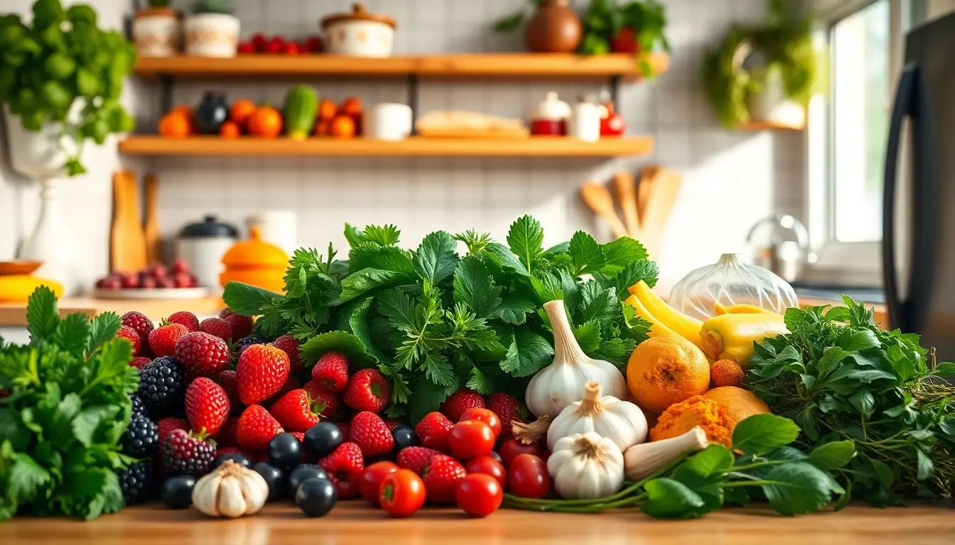 Cuisine moderne avec des fruits et légumes riches en antioxydants, éclairée par une lumière naturelle.