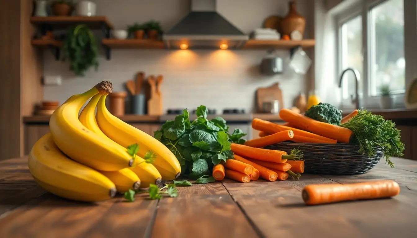 Cuisine accueillante avec aliments low FODMAP frais comme bananes, épinards, et carottes, soulignant la gastronomie saine.