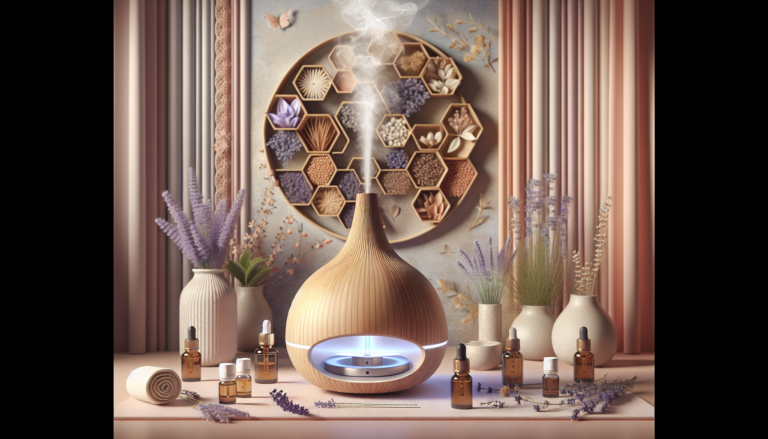 Illustration 3D hyper-réaliste d'un espace bien-être dédié aux huiles essentielles pour le soulagement de la ménopause, avec un diffuseur en bois, des huiles essentielles comme la Sauge Sclarée et la Lavande, et une ambiance apaisante.