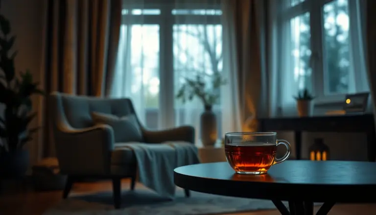 Espace de détente chaleureux avec une chaise confortable et une tasse de thé aux herbes, représentant le lien entre relaxation et santé intestinale.