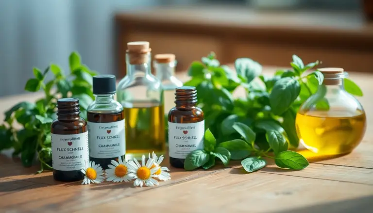 Bouteilles d'huiles essentielles et herbes fraîches pour l'aromathérapie, créant une ambiance apaisante et naturelle.