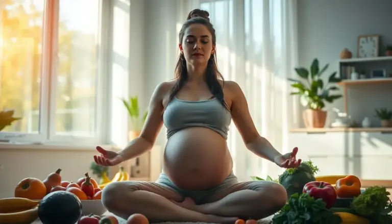 Femme enceinte méditant dans une chambre moderne, entourée d'aliments sains comme des fruits et légumes.