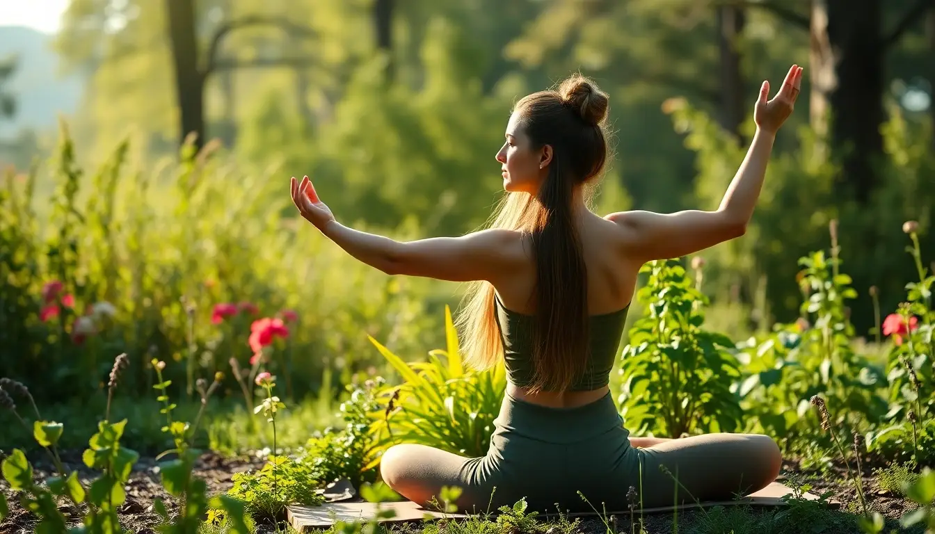 Femme pratiquant le yoga dans un environnement naturel, entourée de plantes, illustrant la naturopathie pour l'endométriose.