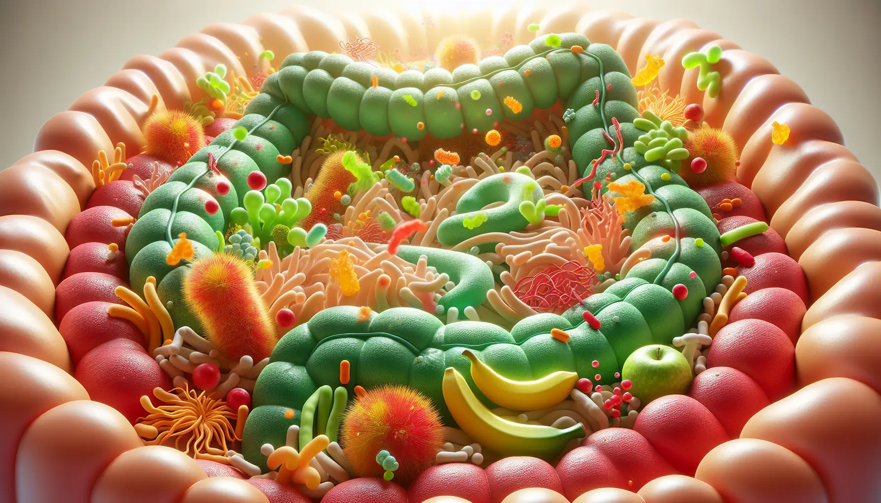 Illustration 3D hyper-réaliste montrant un microbiome intestinal vibrant et sain avec des probiotiques comme Lactobacillus et Bifidobacterium, entouré de fruits et légumes représentant des prébiotiques, dans une ambiance colorée et énergisante.