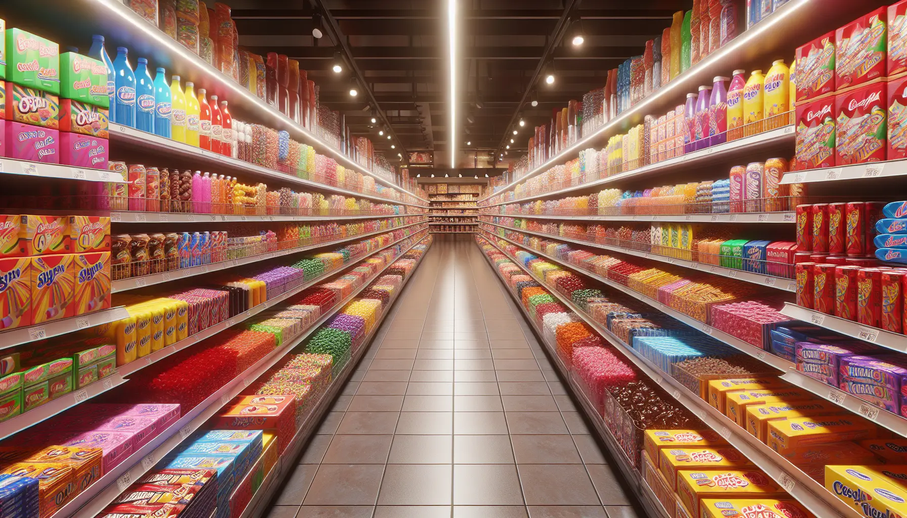 Illustration hyper-réaliste d'un rayon de magasin rempli de bonbons colorés et de boissons sucrées comme Coca-Cola et Fanta, mettant en évidence les marques populaires tout en évoquant les risques liés à la consommation excessive de sucre.