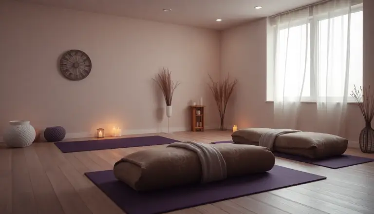 Salle de thérapie calme avec tapis de yoga et aiguilles d'acupuncture pour le soulagement de l'endométriose.