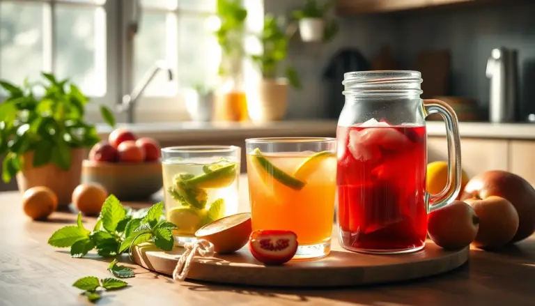 Scène de cuisine moderne avec tisanes apaisantes, herbes fraîches et fruits, illustrant les bienfaits des boissons pour le syndrome de l'intestin irritable.