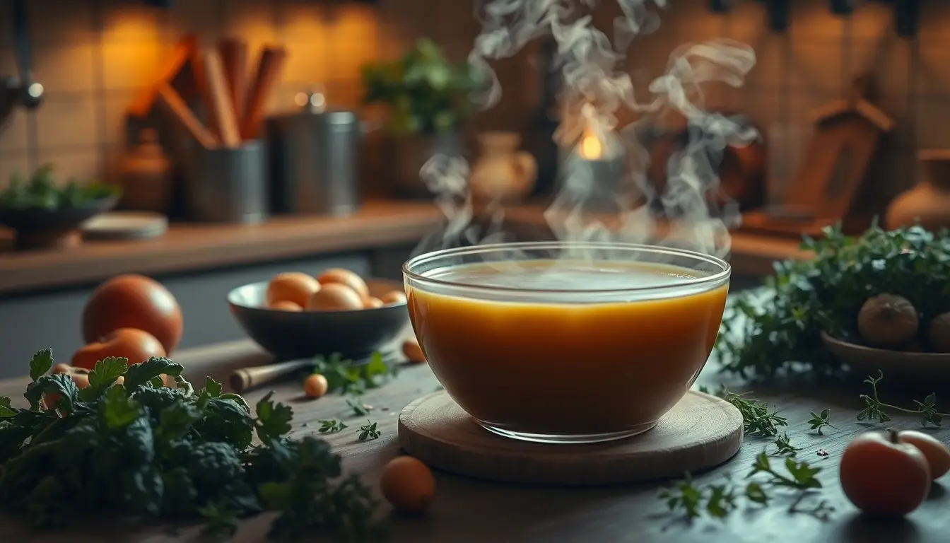 Bol de bouillon d'os fumant avec des herbes fraîches, illustrant les bienfaits du régime naturel pour la santé intestinale.