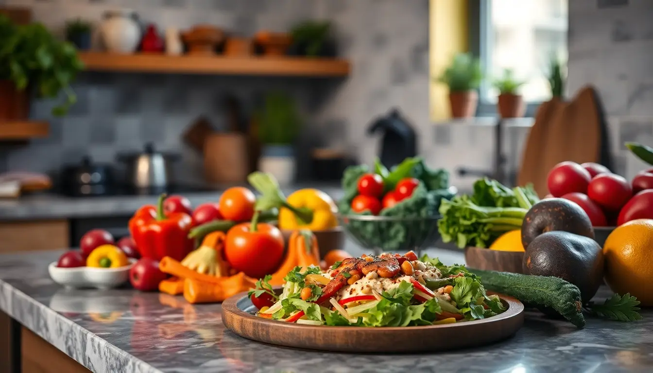 Cuisine moderne avec des fruits et légumes vibrants, mettant en avant un repas anti-inflammatoire préparé avec soin.