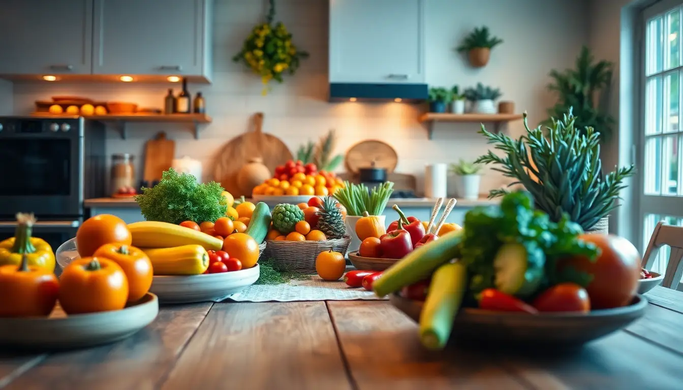 Cuisine lumineuse avec des fruits et légumes colorés représentant un repas festif équilibré et sain.