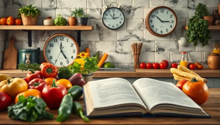 Cuisine moderne avec des légumes frais et des éléments de jeûne intermittent pour améliorer la santé digestive.