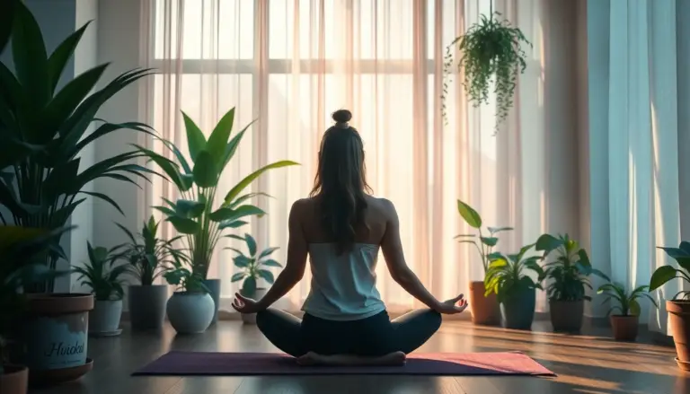 Femme pratiquant la méditation sur un tapis de yoga, entourée de plantes, symbolisant l'équilibre hormonal et la réduction du stress.