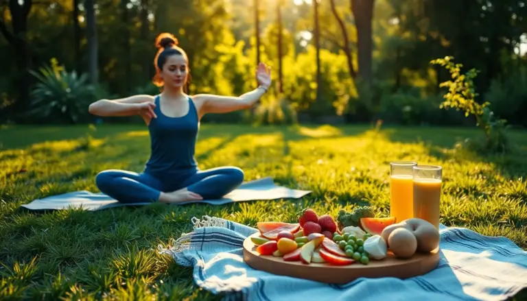 Femme pratiquant le yoga en plein air avec un petit-déjeuner sain à proximité, illustrant la routine matinale équilibrante pour le SOPK.