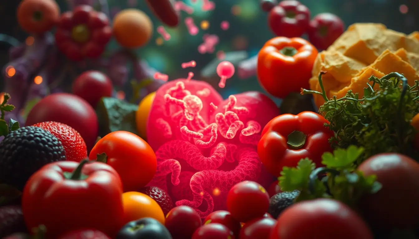 Illustration d'un microbiote intestinal sain avec des fruits et légumes, soulignant le lien avec la santé des femmes et l'endométriose.