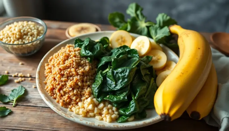 Repas coloré avec des aliments pauvres en FODMAP incluant quinoa, épinards cuits et banane sur une table en bois.