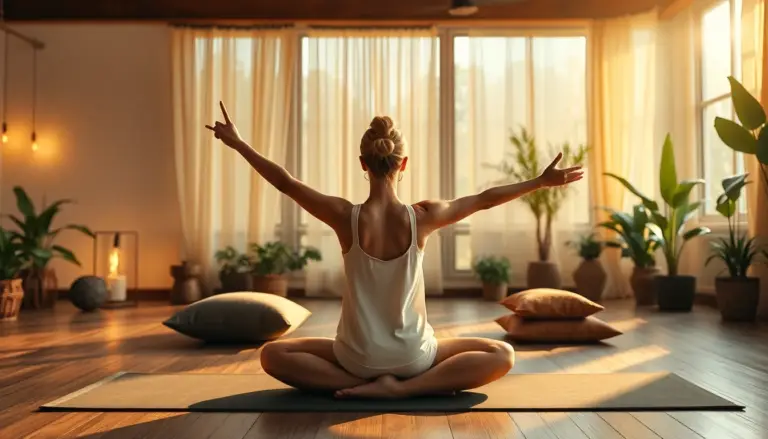 Femme pratiquant la posture du papillon avec des oreillers dans un studio de yoga paisible et illuminé.