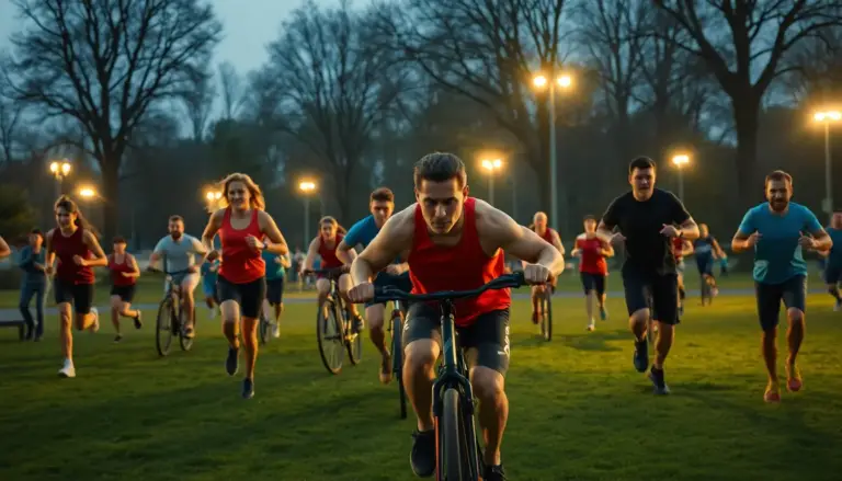 Scène dynamique de personnes pratiquant des activités physiques intenses comme la course et le vélo dans un parc.