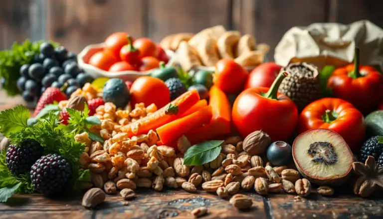 Aliments sains riches en antioxydants et protéines, présentés sur une table en bois rustique.