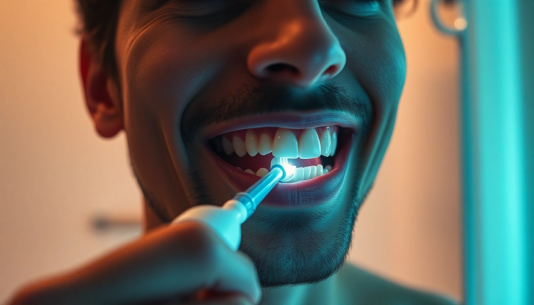 Personne se brossant les dents avec une brosse à dents électrique, soulignant l'importance de l'hygiène bucco-dentaire.