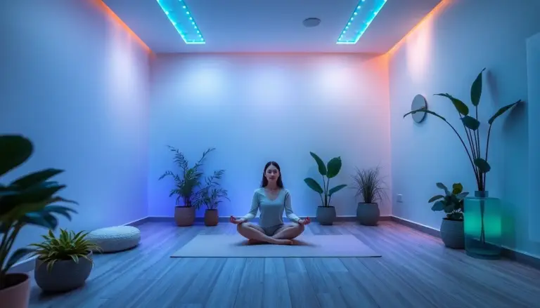 Chambre de thérapie zen avec lumières de chromothérapie, femme méditant, couleurs apaisantes et plantes pour le bien-être.