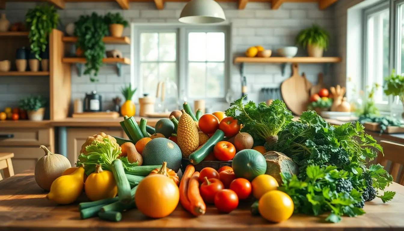 Cuisine saine avec des fruits et légumes frais, utilisant des aliments bio pour éviter les perturbateurs endocriniens.