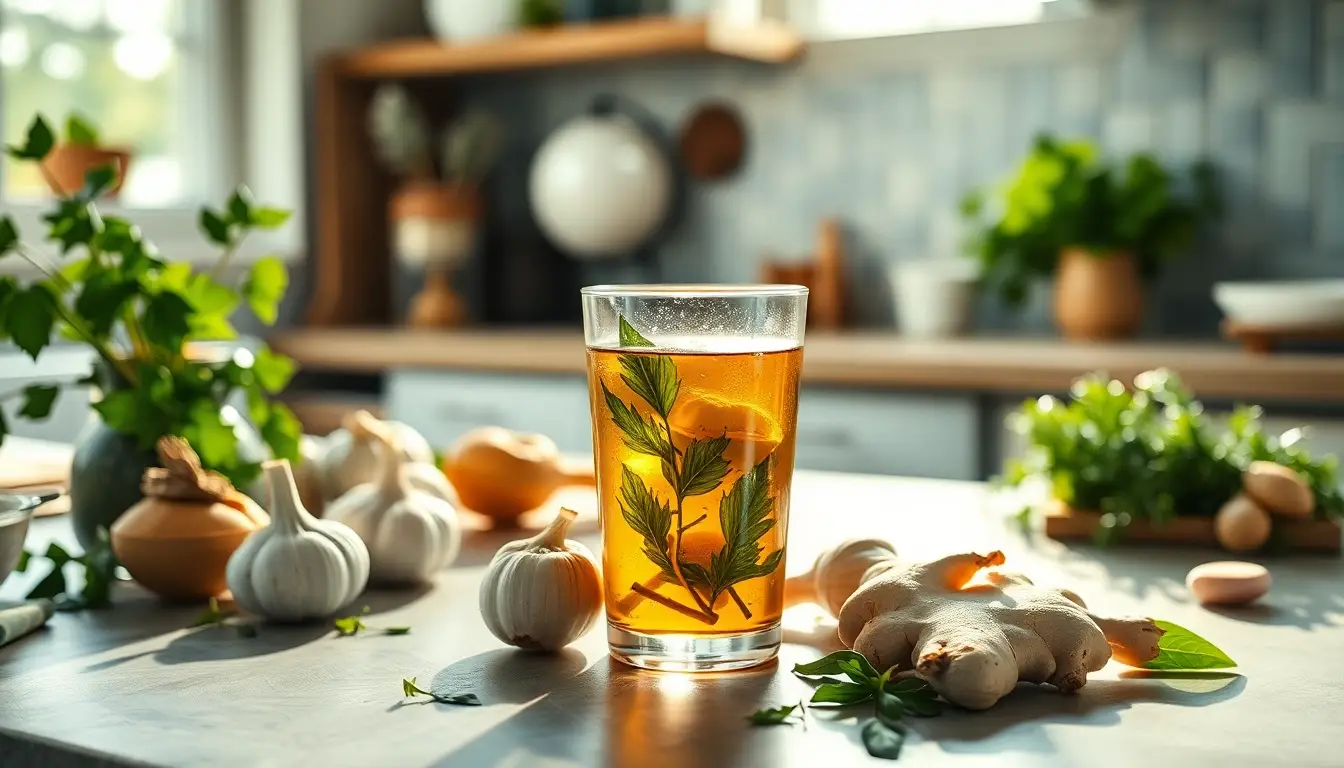 Cuisine sereine avec des herbes naturelles comme l'ail et le gingembre, illustrant une pratique de détoxication.