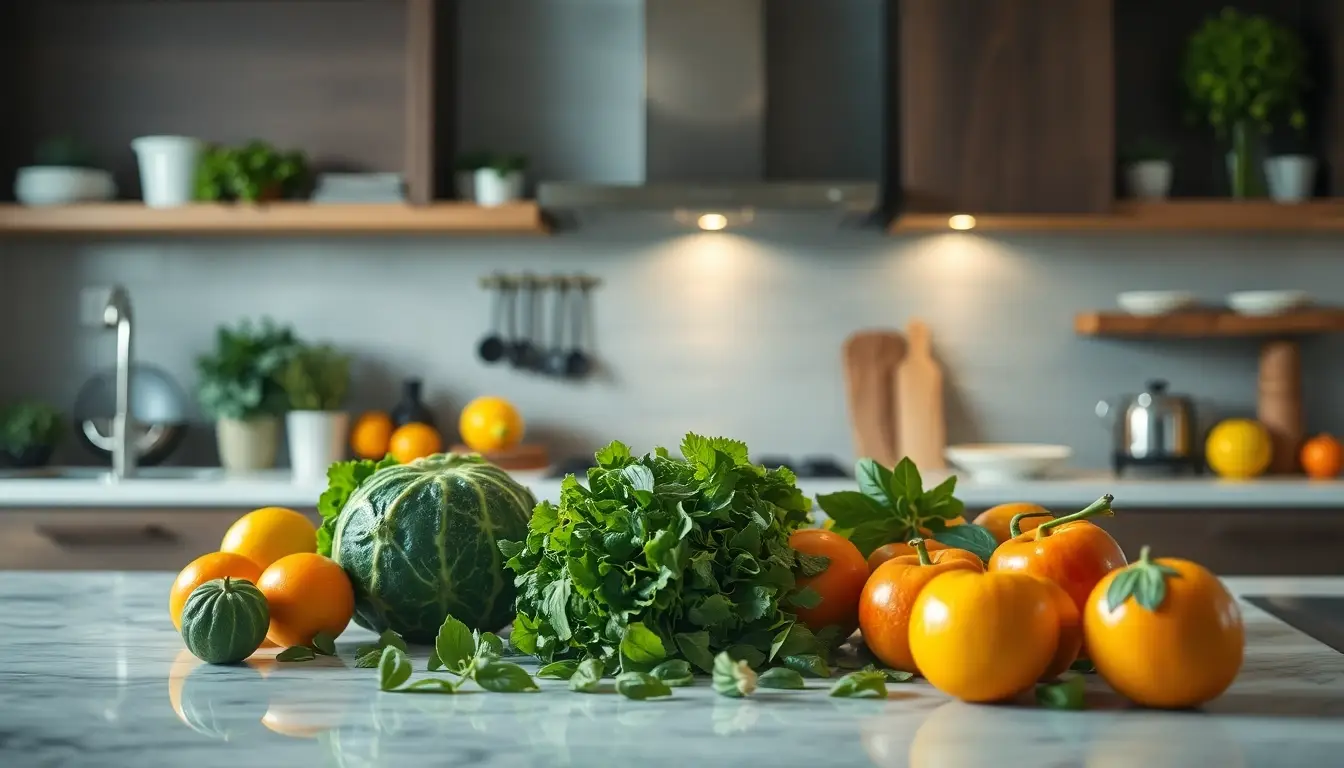 Cuisine moderne avec des légumes et fruits frais, illustrant l'importance d'une alimentation équilibrée.