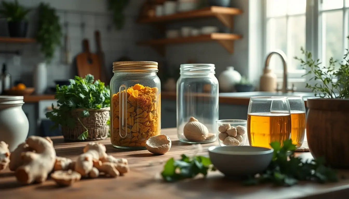 Scène de cuisine moderne avec des ingrédients naturels comme le gingembre, le curcuma et le fenouil, illuminée par une lumière vive.