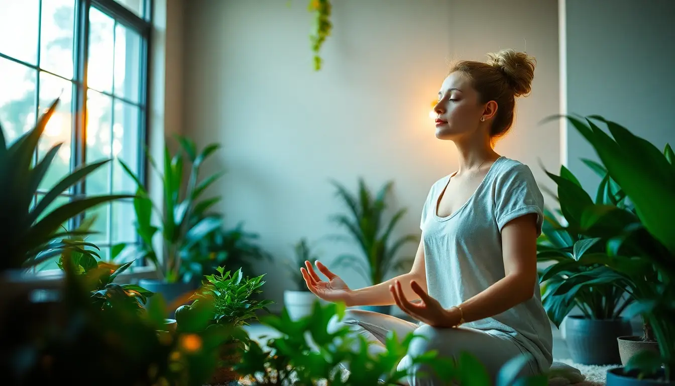 Femme méditant dans un environnement moderne, entourée de plantes, illustrant le bien-être et la naturopathie.