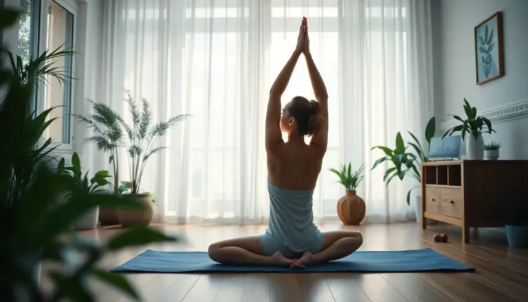 Femme pratiquant le yoga dans un environnement apaisant, symbolisant bien-être et thérapies naturelles pour l'endométriose.