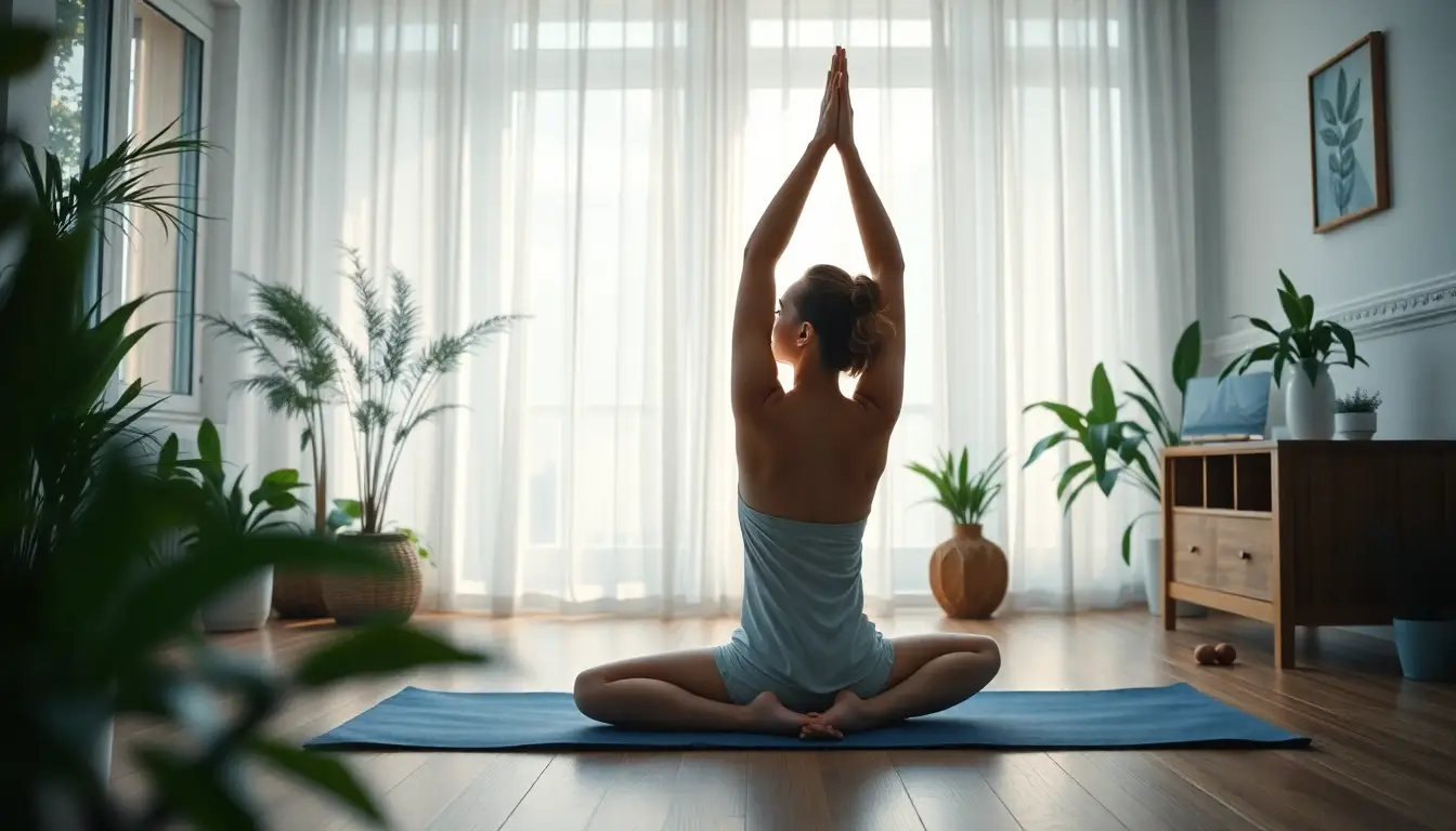 Femme pratiquant le yoga dans un environnement apaisant, symbolisant bien-être et thérapies naturelles pour l'endométriose.