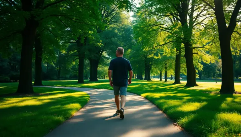 Personne marchant dans un parc après un repas, illustrant les bienfaits de la marche digestive.