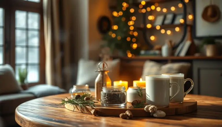 Scène chaleureuse avec des remèdes naturels et boissons chaudes pour le bien-être en hiver.