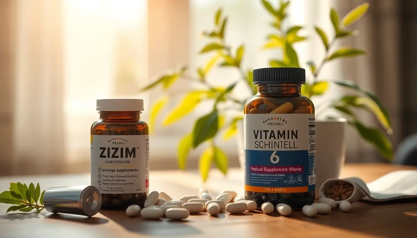 Scène apaisante avec des suppléments naturels tels que le zinc, le chrome et la vitamine B6 sur une table en bois.