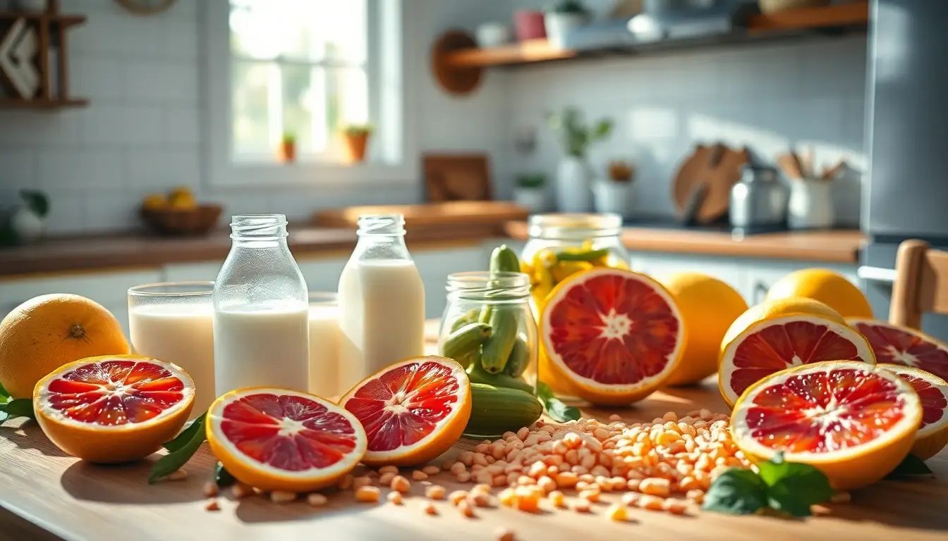 Table de cuisine vibrant avec des aliments probiotiques comme le kéfir, et un extrait de pépins de pamplemousse, symbolisant la santé digestive.