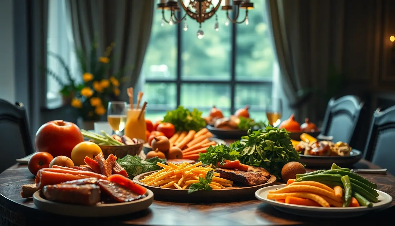 Table de repas élégante avec des aliments sains colorés, illustrant l'importance de la mastication pour la santé digestive.