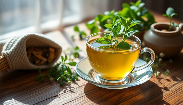 Tisane à la menthe poivrée et herbes fraîches pour soulager l'intestin irritable.