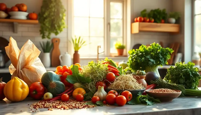 Éléments frais et colorés d'une alimentation vivante pour la gestion du SOPK, incluant légumes, graines germées et céréales.