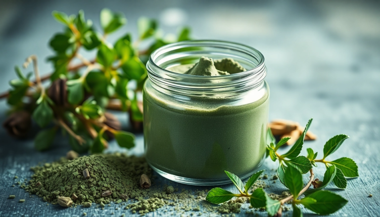 Argile verte en pot avec des herbes fraîches, symbolisant les bienfaits naturels pour la santé digestive.