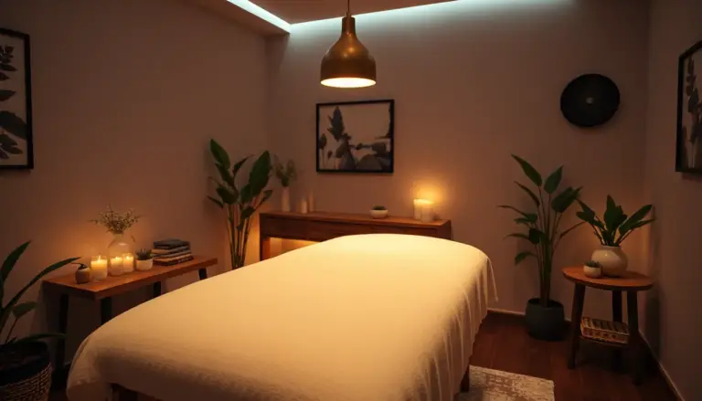 Chambre de thérapie apaisante avec un espace pour la thérapie par ventouses, mettant en valeur une ambiance relaxante.