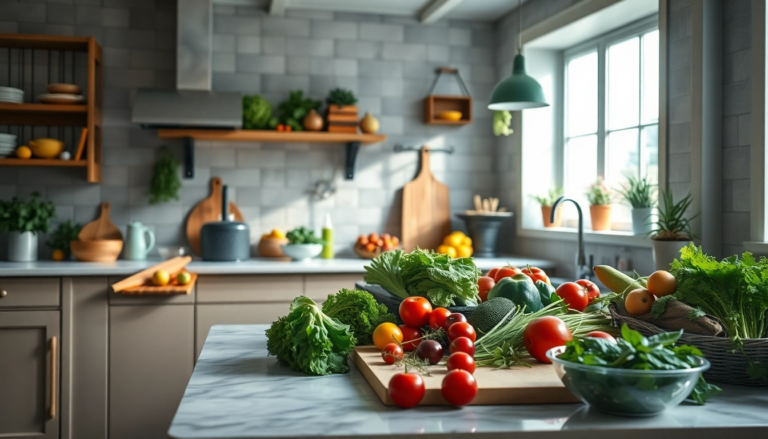 Cuisine moderne avec un coin de préparation de repas sains, mettant en avant des légumes et des fruits frais.