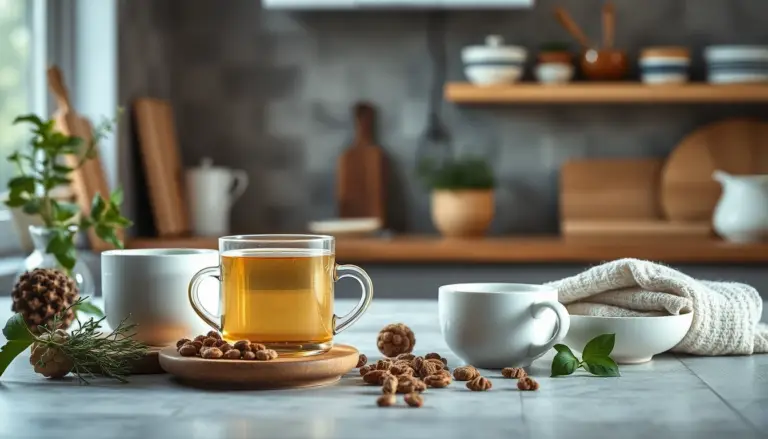 Scène de cuisine moderne avec des tisanes et en-cas sains, illustrant les bienfaits du jeûne intermittent sur le syndrome de l'intestin irritable.