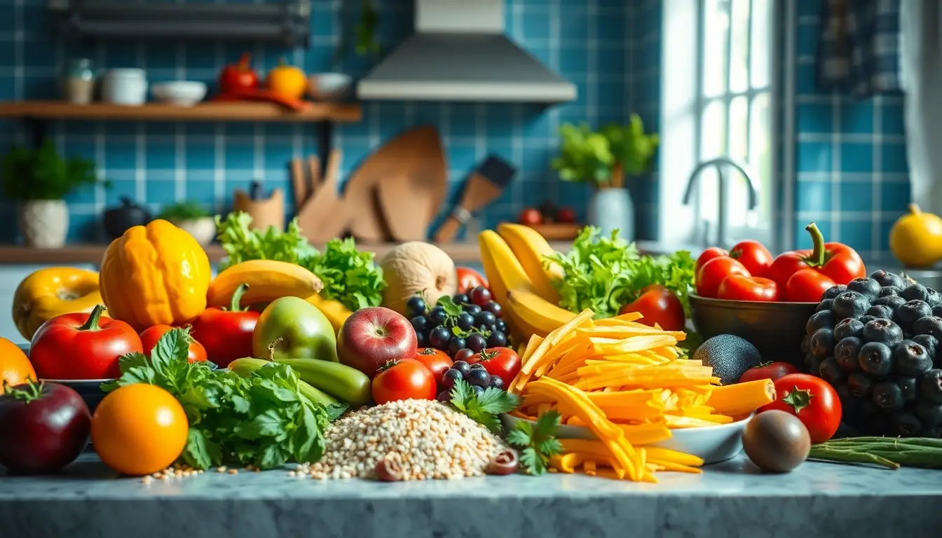 Cuisine moderne avec des fruits et légumes frais, représentant une alimentation alcaline et anti-inflammatoire.