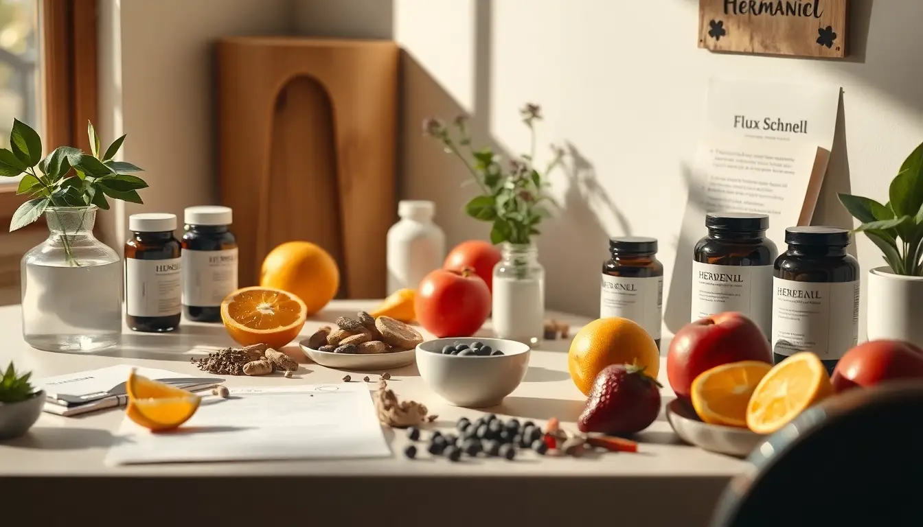 Espace de travail moderne avec des compléments alimentaires et des fruits frais, créant une ambiance de santé holistique.